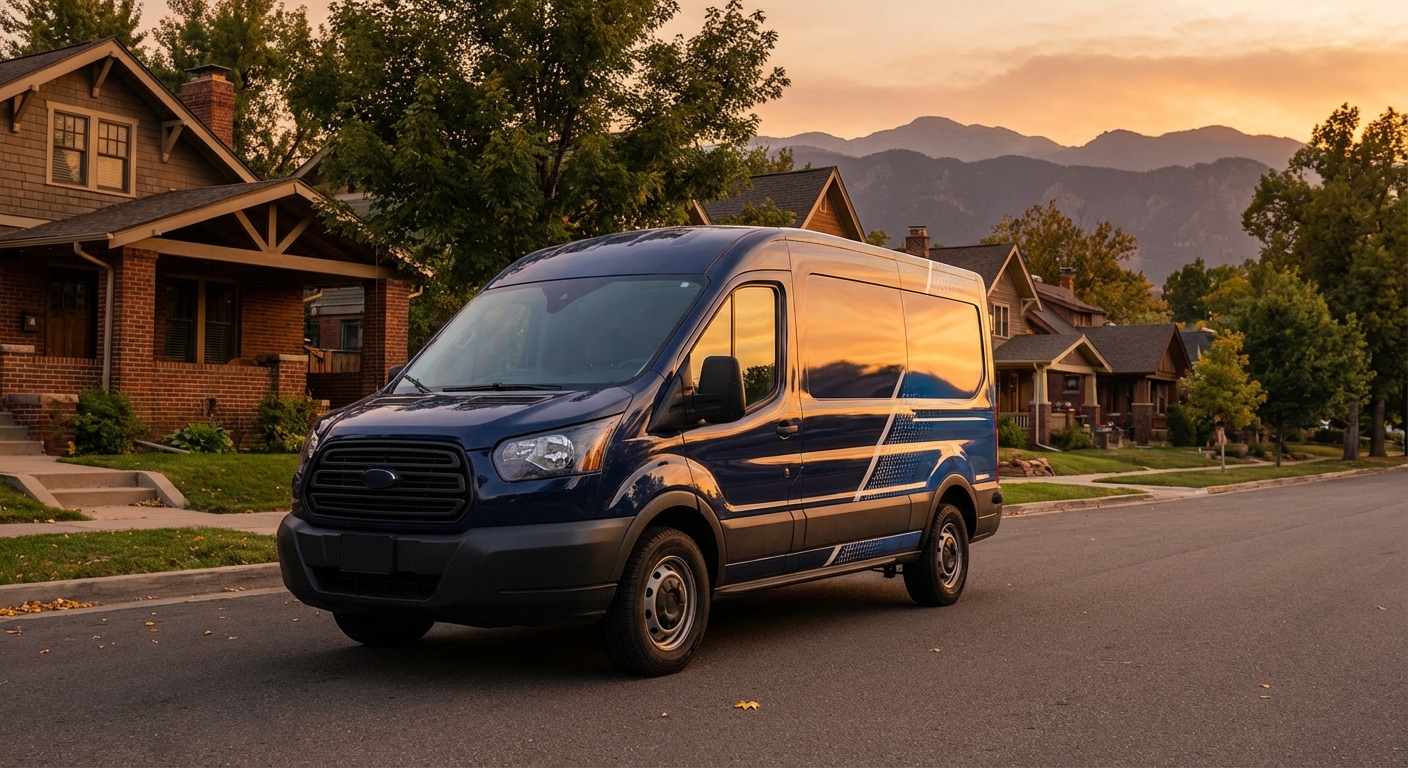 Denver's Best service van in Denver neighborhood at golden hour