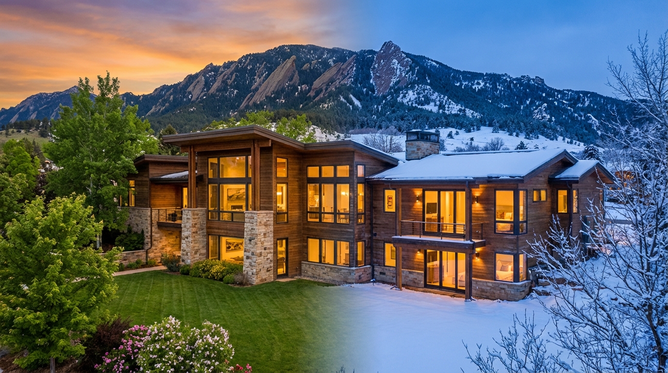 Colorado home with Flatirons backdrop — year-round HVAC comfort