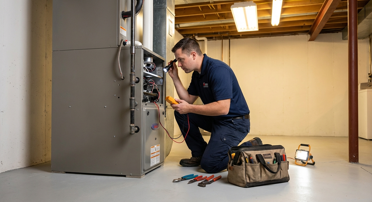 Technician inspecting furnace in Denver home