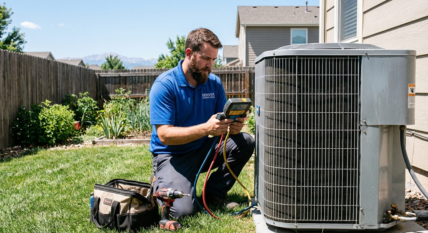 Technician servicing outdoor AC unit in Denver