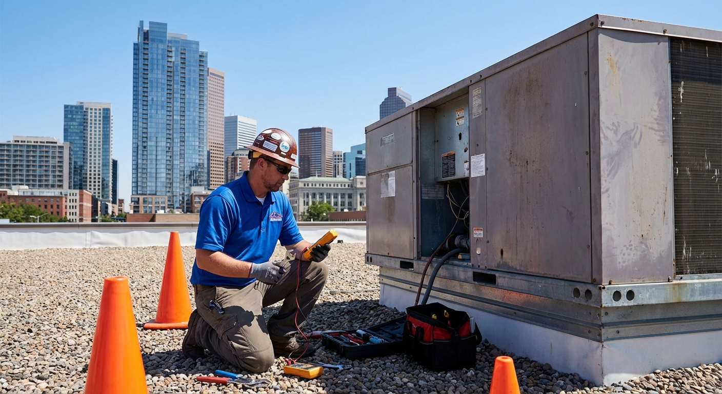 Technician at commercial rooftop HVAC unit in Denver