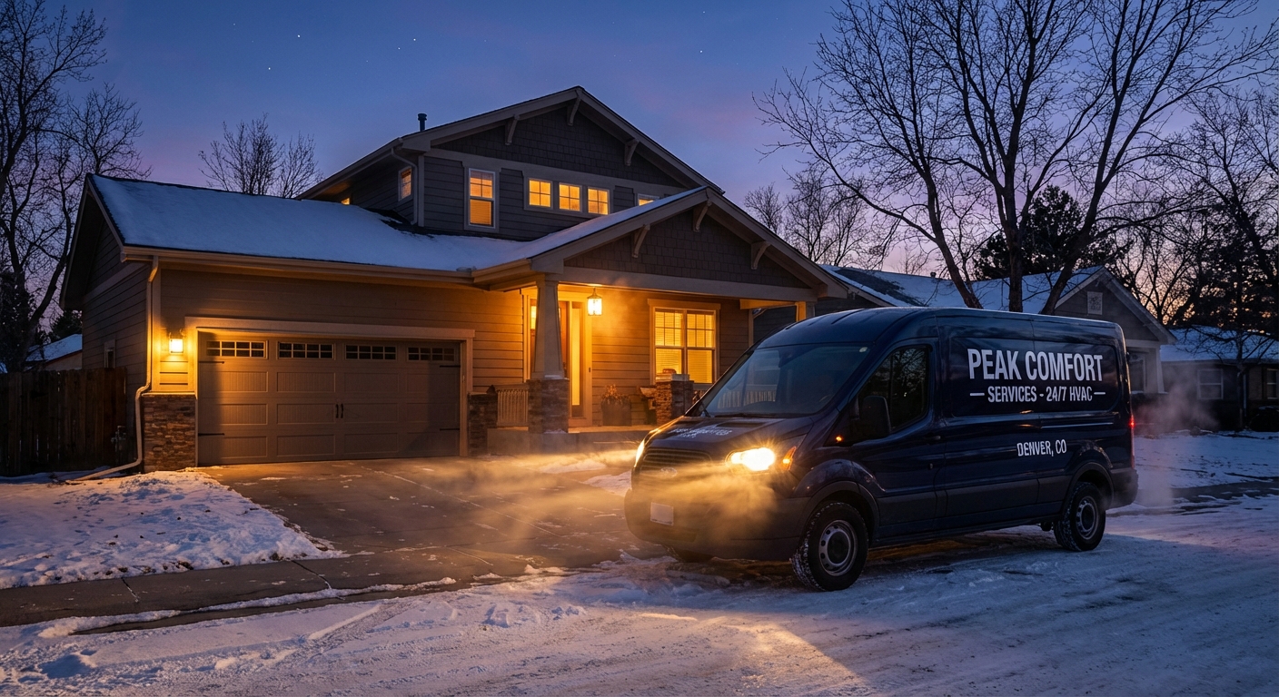 HVAC service van arriving at house at night for emergency repair